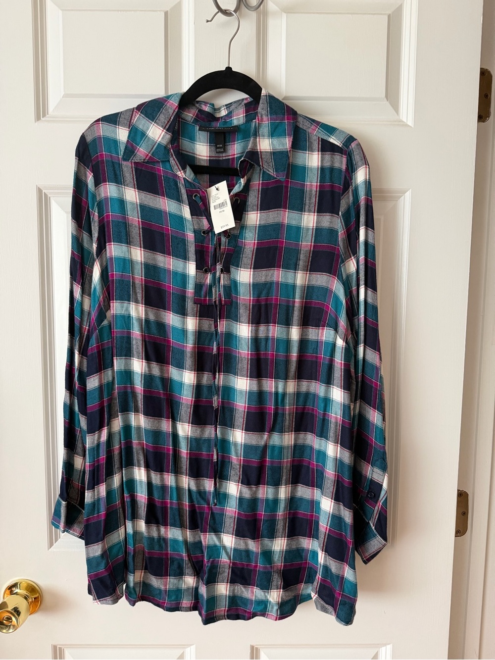 Woman’s Teal and Navy Plaid Long-Sleeve Shirt